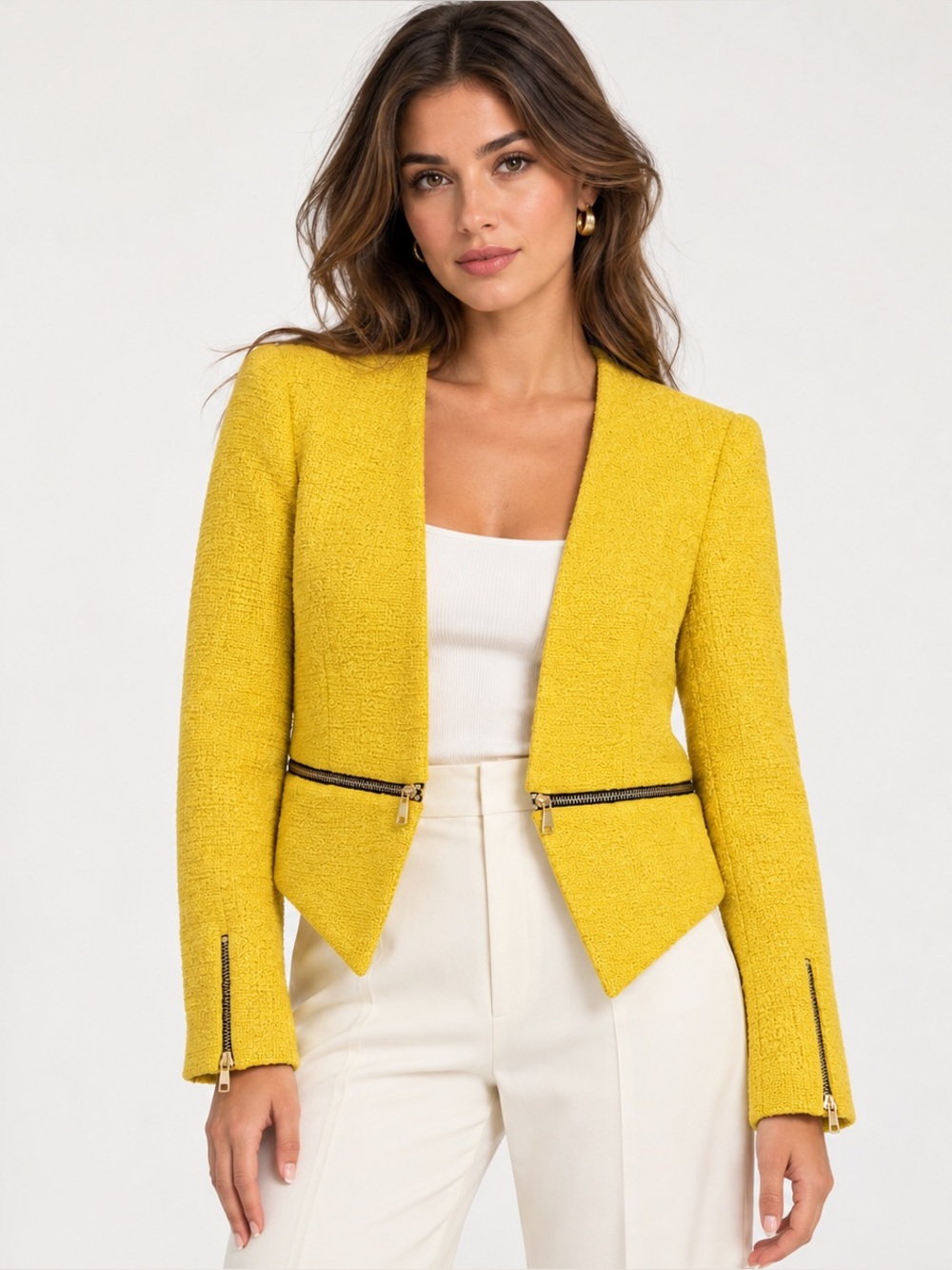 Zara Woman Yellow Tweed Cropped Zip Blazer XS